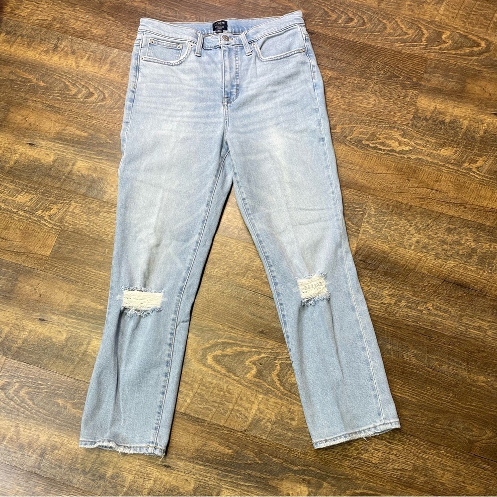 J. Crew Essential Straight Jeans Light Wash All Day Stretch Womens 29 Distressed